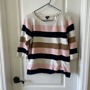 Talbots Pink, Brown, and Black Striped 100% Cotton 3/4 Sleeve Med Petite Sweater